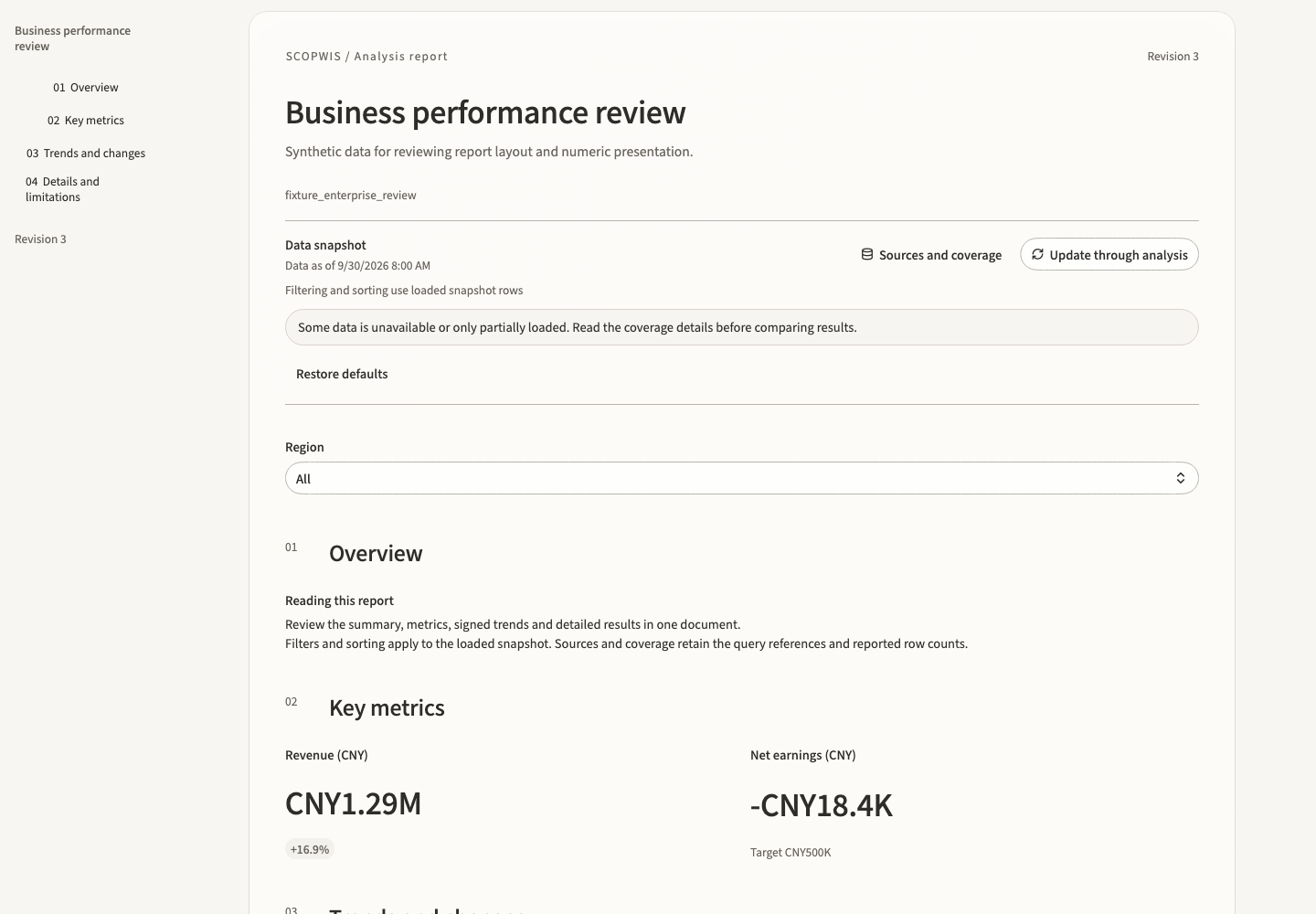 Desktop report reader with summary, metrics and source coverage